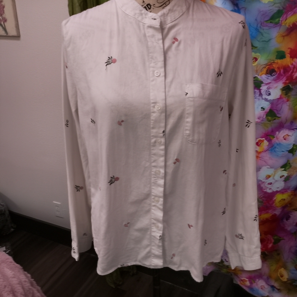 Embroidered Floral Button Down Shirt - White